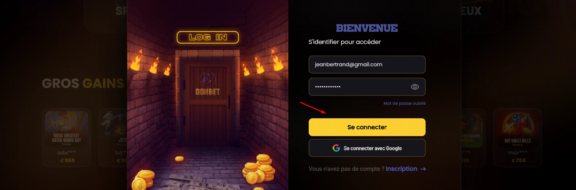 Donbet Casino login and registration interface